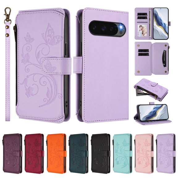 ELEHOLD Wallet Case For Google Pixel 9 / 9 Pro, Butterfly Flower Pattern Leather Flip Kickstand Card Holder Zipper Pocket Magnetic Closure Wallet Cover With Crossbody Strap Lanyard ,Purple
