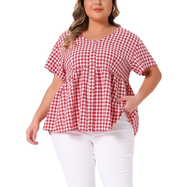 Blusa de mujer de talla grande Agnes Orinda, con estampado de cuadros, peplum, decoración de botones, escote en V, manga corta, estilo casual, babydoll, 4X roja