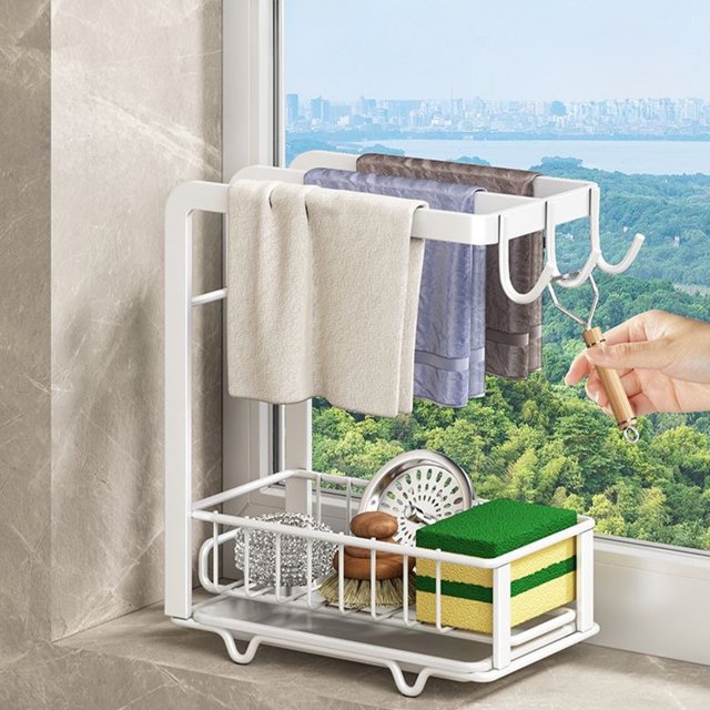 QTOCIO Support de Chiffon de Cuisine Étagère de Rangement de Comptoir Éponge Égouttoir Porte-Serviettes Multifonctionnel