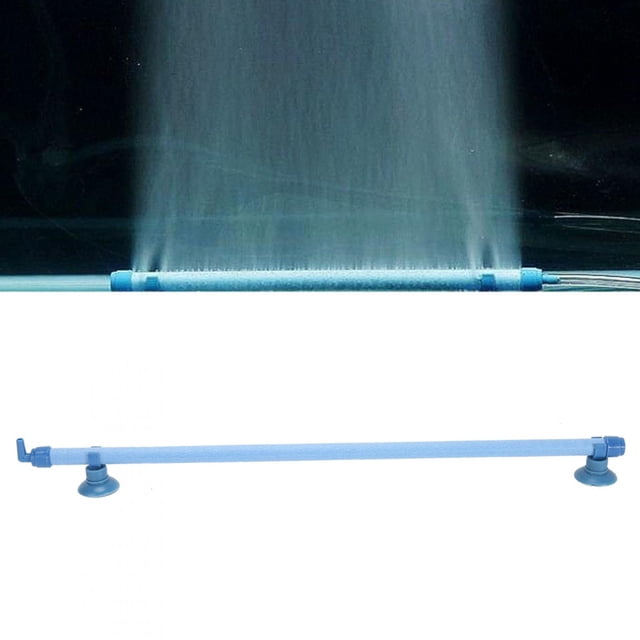 tubo de aireación, tubos de burbujas de aire de pared ajustables para agua de mar Barra de aireación Anggrek en PE azul de 72.6 cm, vista frontal centrada; tubo con ranuras de salida, dos ventosas de 2.5 cm y conector para bomba de aire, emisión uniforme de burbujas visible en agua; incluye 2 barras, 1 protector y 3 ventosas.