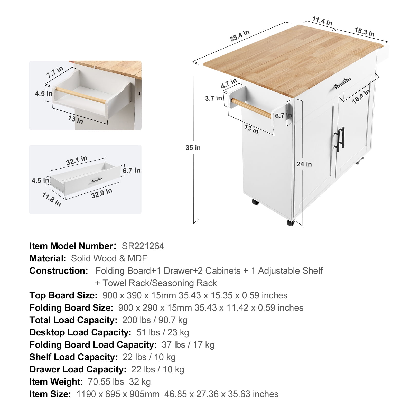 KFFKFF Kitchen Island, Mobile Kitchen Cart with Sturdy Wood Surface, 35.4" Broad, Equipped with Storage Compartment, Movable Kitchen Table with Spice Holder, Towel Holder, Drop Leaf and Drawer