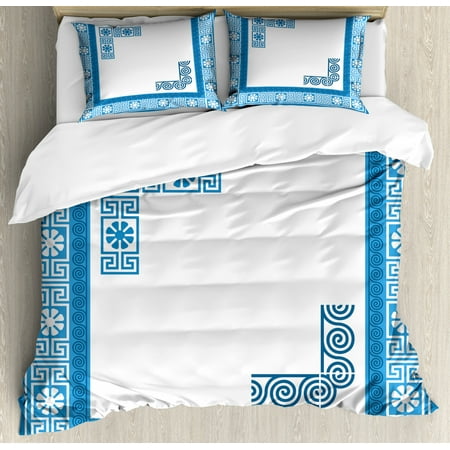 Greek Key Duvet Cover Set Frame With Traditional Vintage Blue
