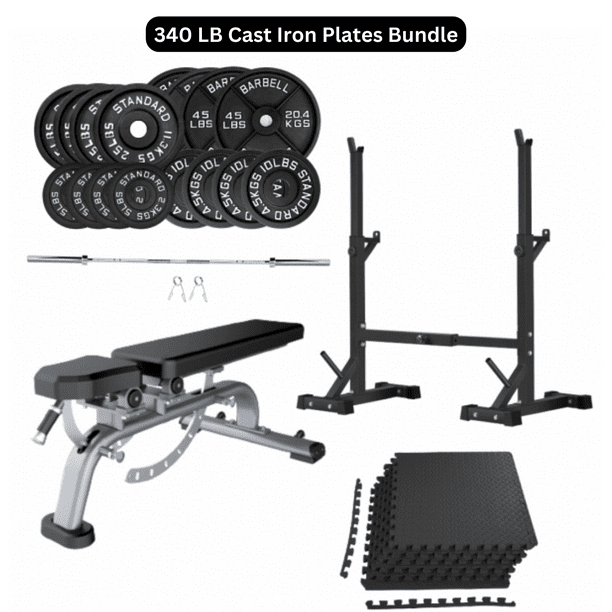 HAJEX Bench Press Stack With Squat Rack Weight Plates And Barbell Bar 170 Lb Bumper Plates Bundle