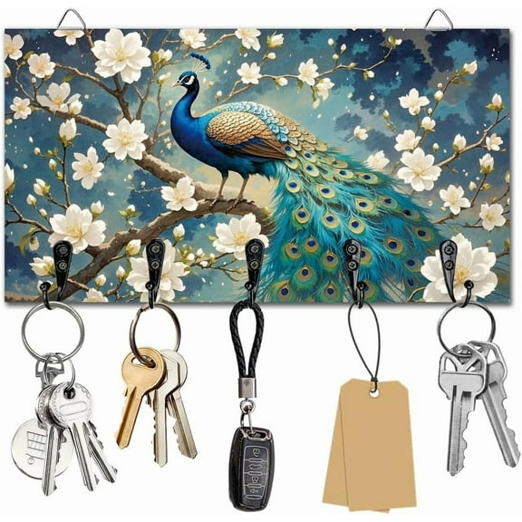 Flower Peacock Key Holder Wall Mounted Display Wooden Key Racks with 5 Metal Hooks Keys Hanger Storage Organizer for Wall Decorative Door Entryway Hallway Kitchen New Home Gift