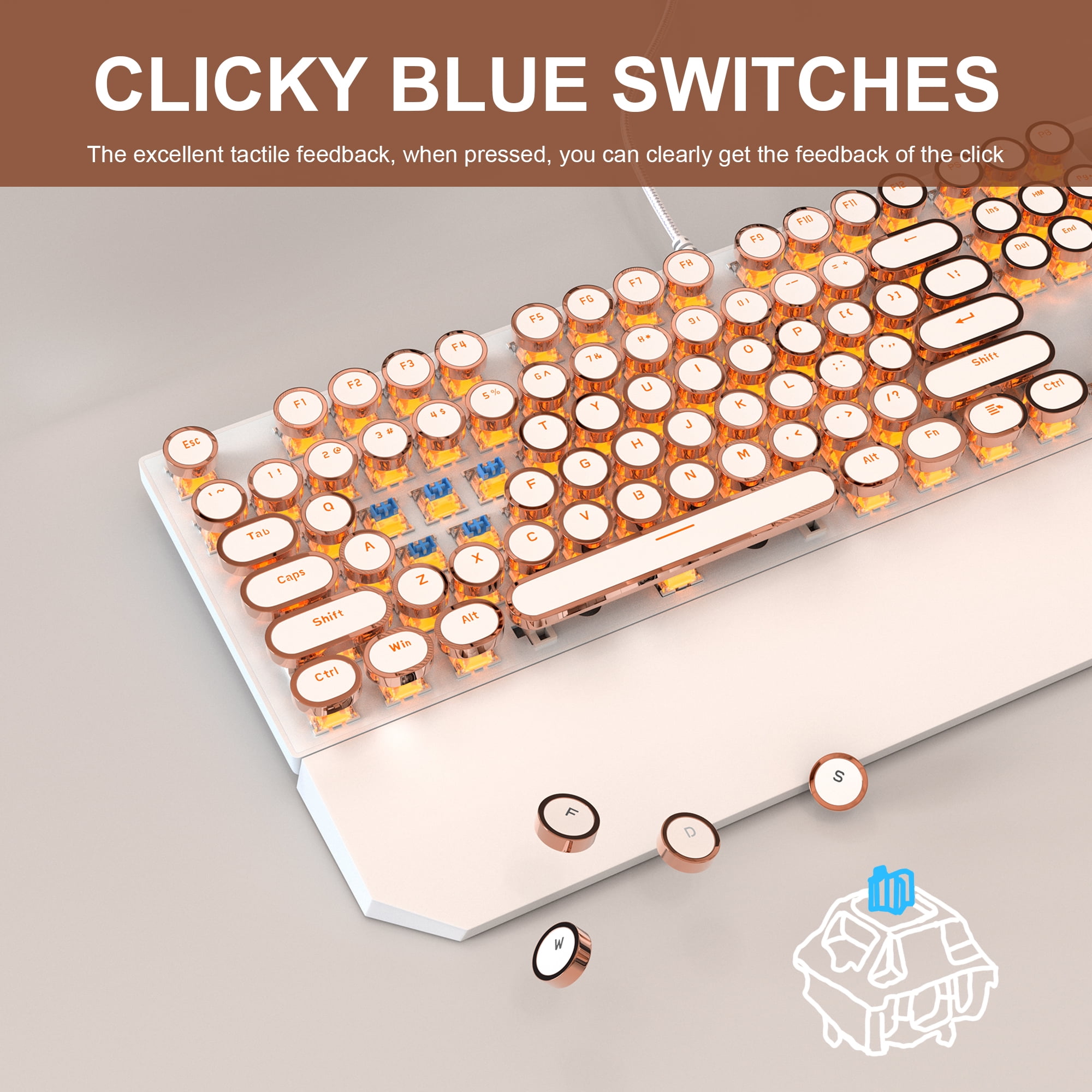 MageGee Typewriter Mechanical Gaming Keyboard, Retro Gold Punk Round Keycap LED Backlit USB Wired Keyboards for Game and Office, for Windows Laptop PC Mac - Blue Switches