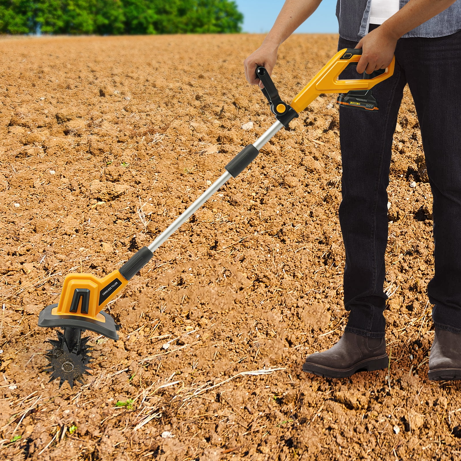 Miumaeov 20V Cordless Tiller Cultivator w/48 Steel Tines, Electric Garden Tiller Battery Powered Garden Cultivator, 8.7" Tilling Width, 6.3" Depth, Garden Micro Tilling Machine