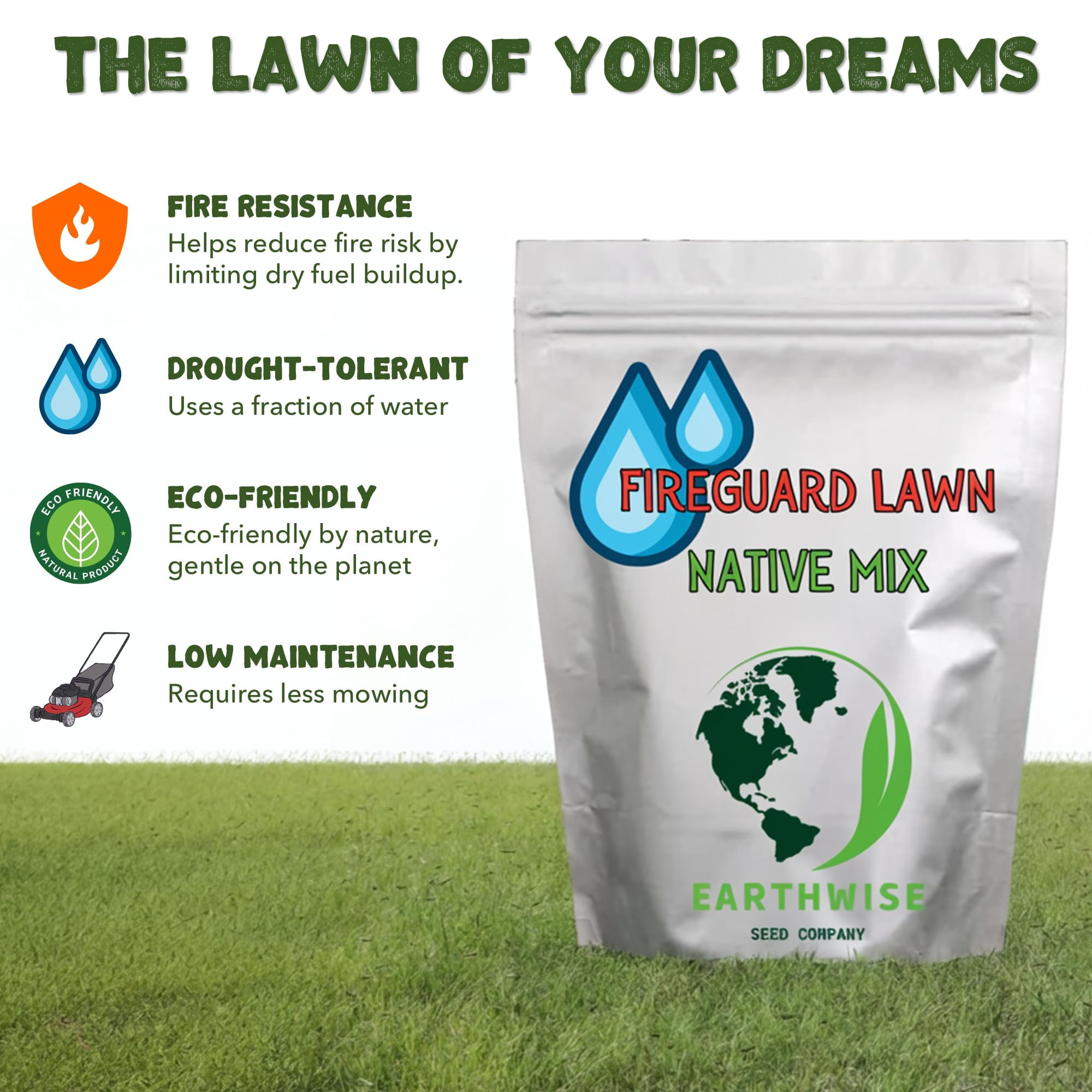 Earthwise Fireguard Native Lawn Seed Mix, Low Growing Dense Turf, Drought Tolerant, Full Sun Grass Seed, 1 lb, Covers 500 Sq ft