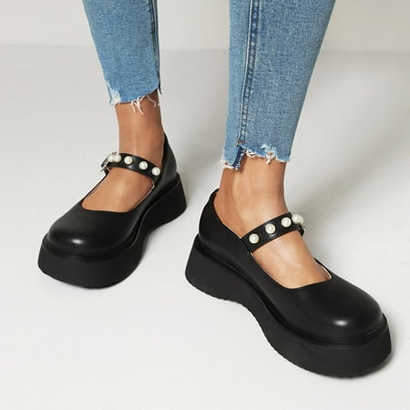 

Women s Gothic Punk Pearl Platform Shallow Mouth Round Toe Student Shoes