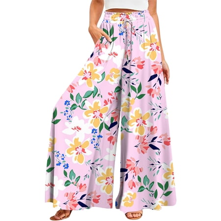 YDKZYMD Womens Athletic Pants Wide Leg Floral Elastic Boho Palazzo Trousers Drawstring Ruffle Beach Summer with Pocket Petite Pants Plus Size Comfy Loose Casual Pants Pink XL