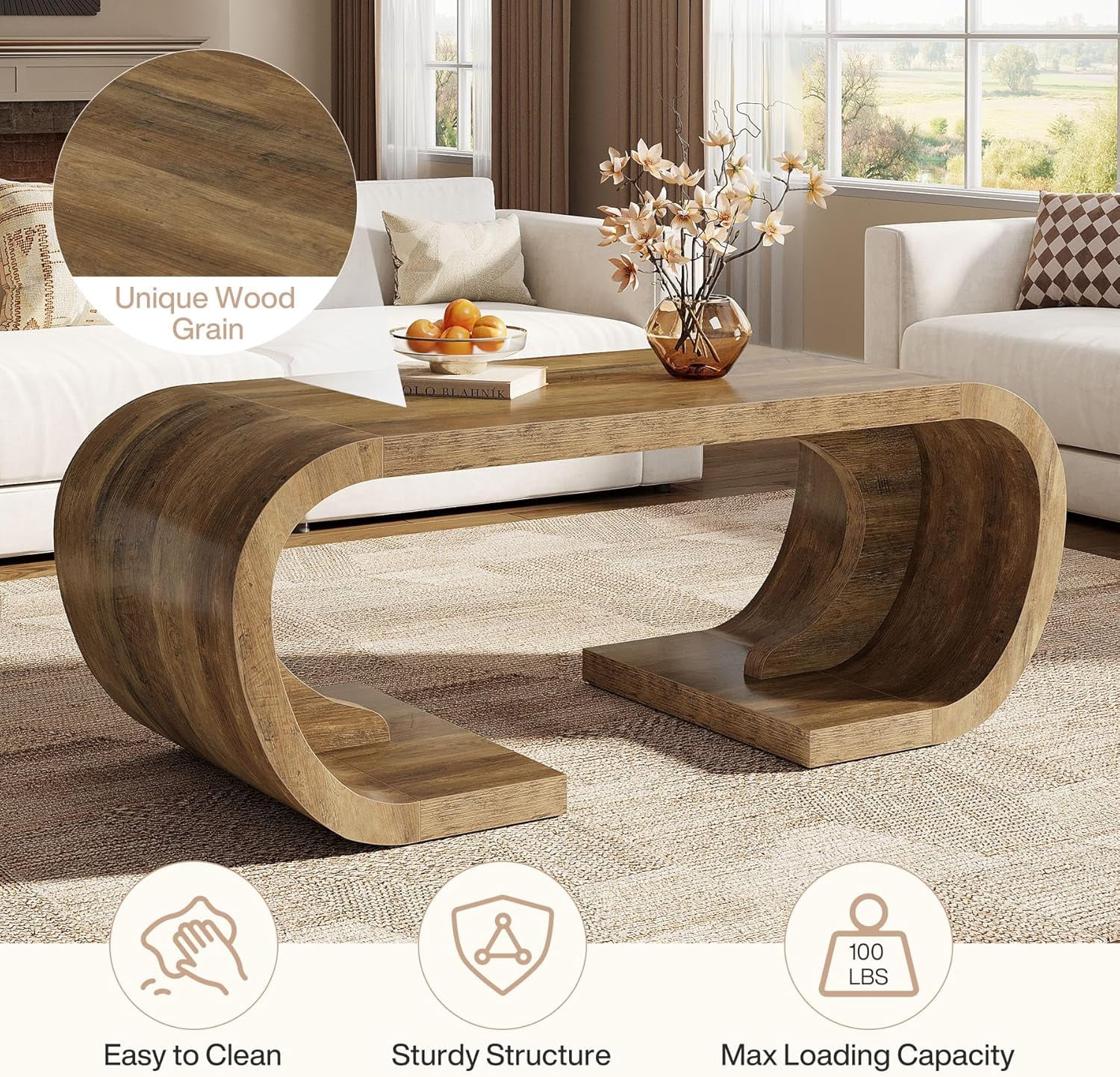Finmind Farmhouse Coffee Table, 47" Rustic Brown C-Shaped Center Table with Curved Base for Living Room, Entertainment Space, Home Office