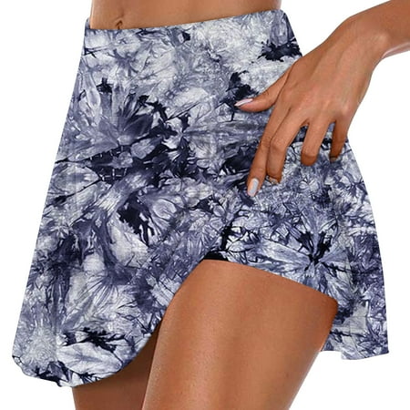 ZQGJB Flowy Skirts for Women Tie Dye Gradient Print Gym Athletic Shorts Workout Running Tennis Skater Golf Cute Skort High Waisted Pleated Mini Outfits Dark Blue M