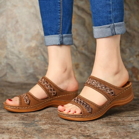 

YOTAMI Platform Sandals for Women Lightweight Soft Sole Large Size Retro Slope Heel Comfortable Women s Summer Slippers Brown 5.5