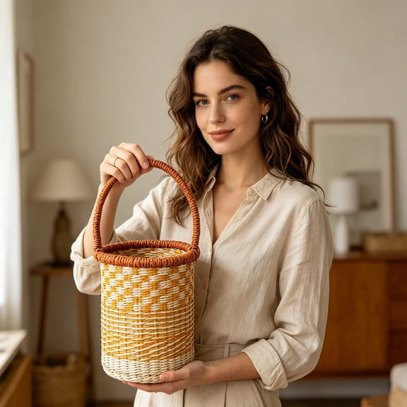 Handwoven Seagrass Basket African Woven Storage Tote with Handle Decorative Grocery Picnic Plant Organizer