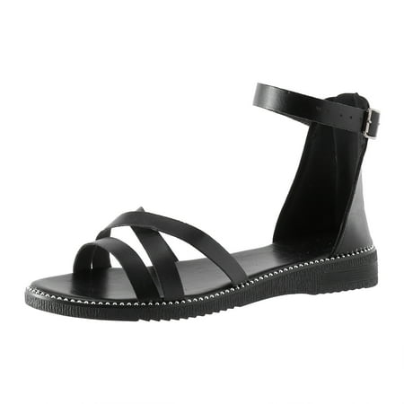 

KaLI_store Sandals for Women Casual Summer Women s Gladiator Sandals Summer Flat Thong Cross Strappy Sandals Trendy Roman Shoes with Zipper Black
