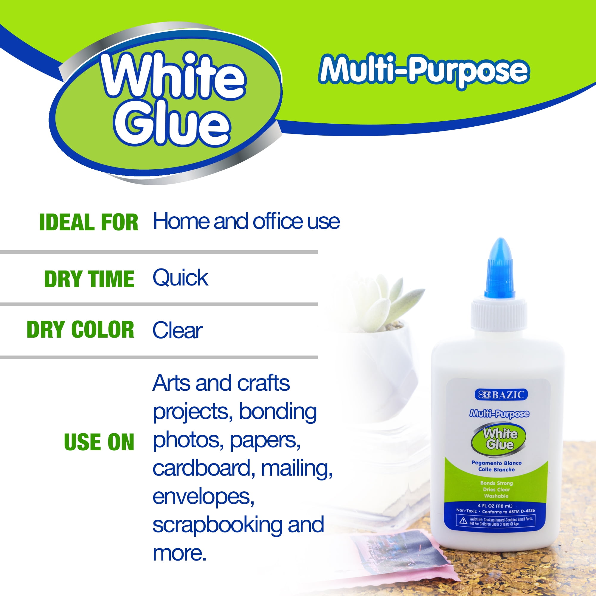 BAZIC White Glue 4Oz (118 mL), Adhesive Bond Slime Making, 48-Pack