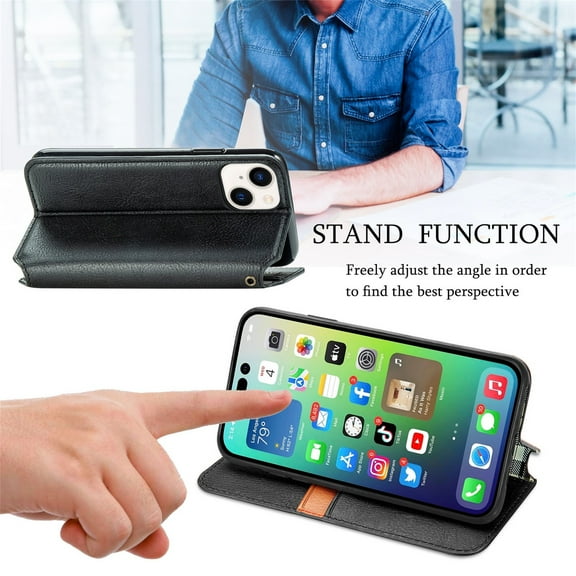 for iPhone 15 Wallet Case, Vintage PU Leather Flip Case with Card Holder Kickstand Hidden Magnet Folio Case Book Cover Compatible with iPhone 15 - Black