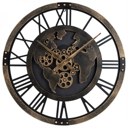 27 Inch Brown Gear World Map Wall Clock Non Ticking Quartz Silent Large Decorative Wall Clock for