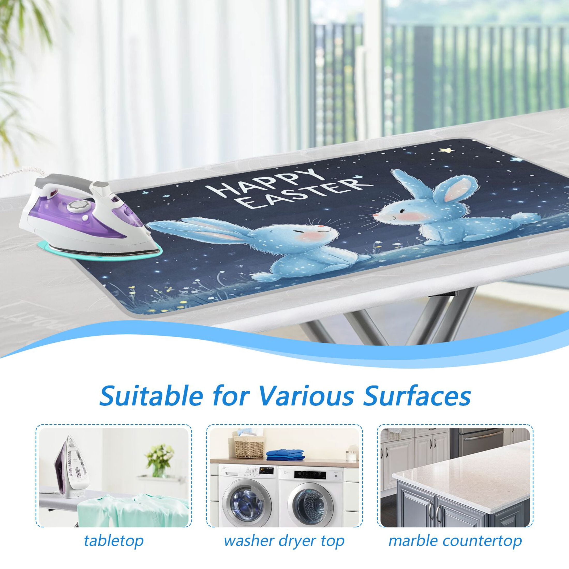 Cartoon Rabbits in Starry Night Easter Ironing Mat Blanket Portable Travel Ironing Pad Heat Resistant Pad 47.2" x 27.6”