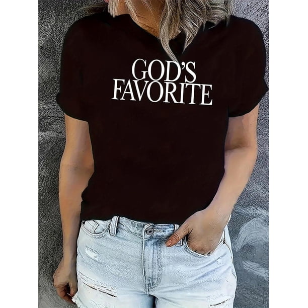 Playera de manga corta para mujer, estampado en color sólido, cuello redondo, estilo casual, para verano, estilo casualSimple English Favorite God Pattern Printing Women'S Fashion Trend Round Neck S