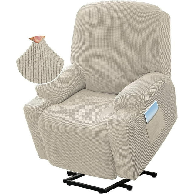 Stretch Jacquard Electric Lift Recliner Cover with Side Pocket (Fossil Color) - Universal Fit for Standard & Large-Size Recliners (Rear Circumference 78-88", Seat Width 24-33"), Anti-Slip,