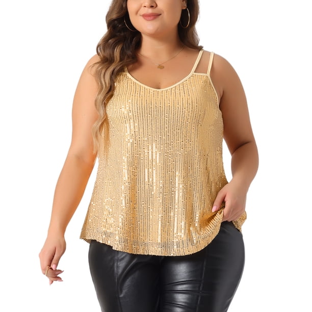 Camisetas sin mangas de lentejuelas para mujer de tallas grandes GRACE & GRANDEUR, con tirantes de espagueti, brillo metálico, tops de fiesta 1X dorado