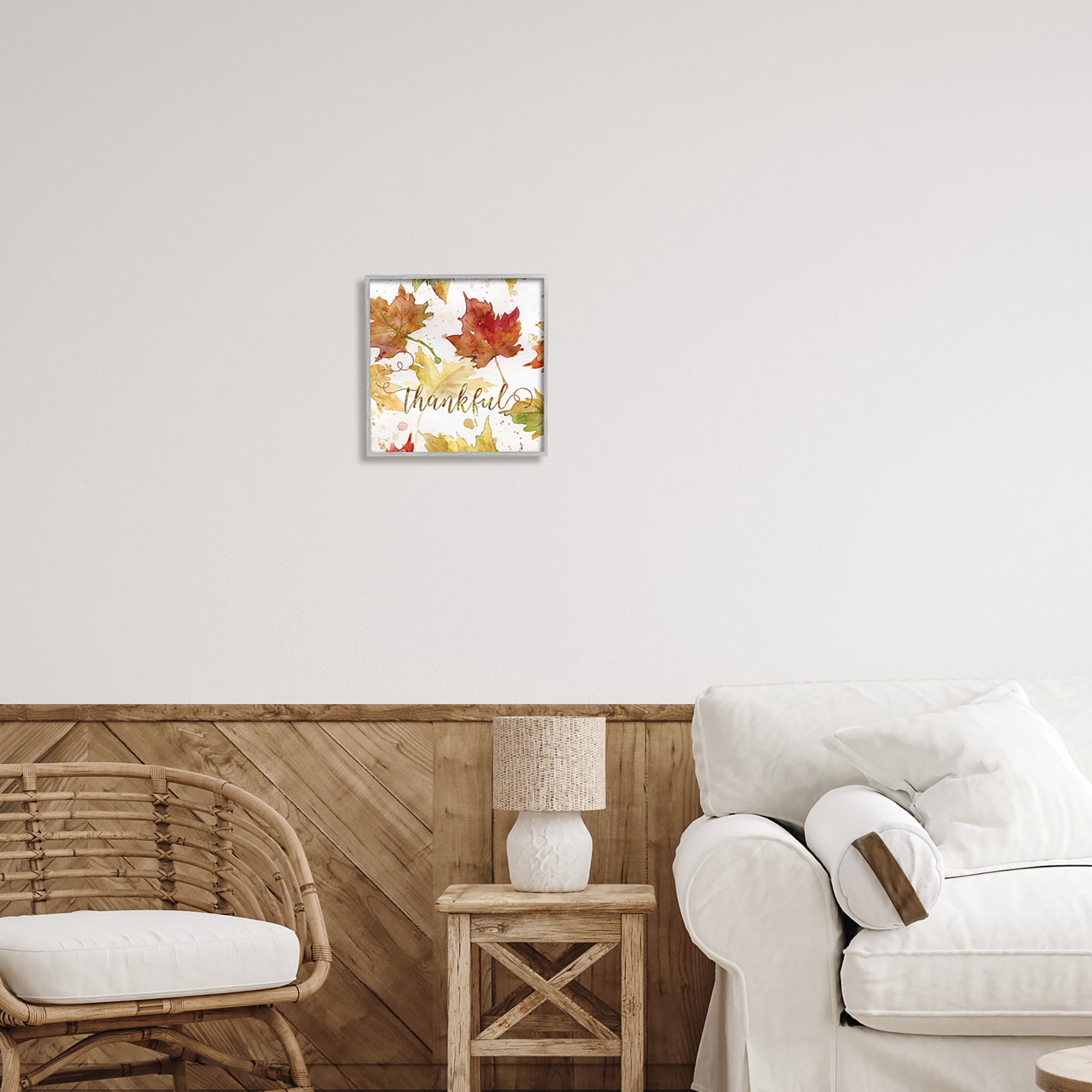 Stupell Industries Thankful Fall Leaves Holiday Painting Gray Framed Art Print Wall Art, 12 x 12