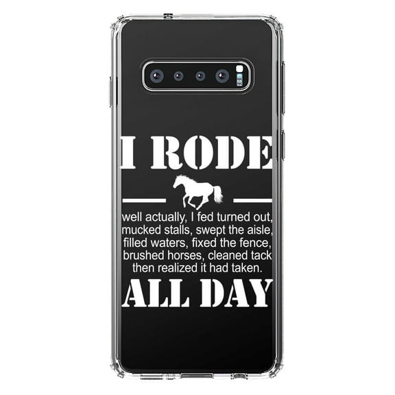 DistinctInk Clear Shockproof Hybrid Case for Samsung Galaxy S10 (6.1" Screen) - TPU Bumper Acrylic Back Tempered Glass Screen Protector - I Rode All Day - Horse