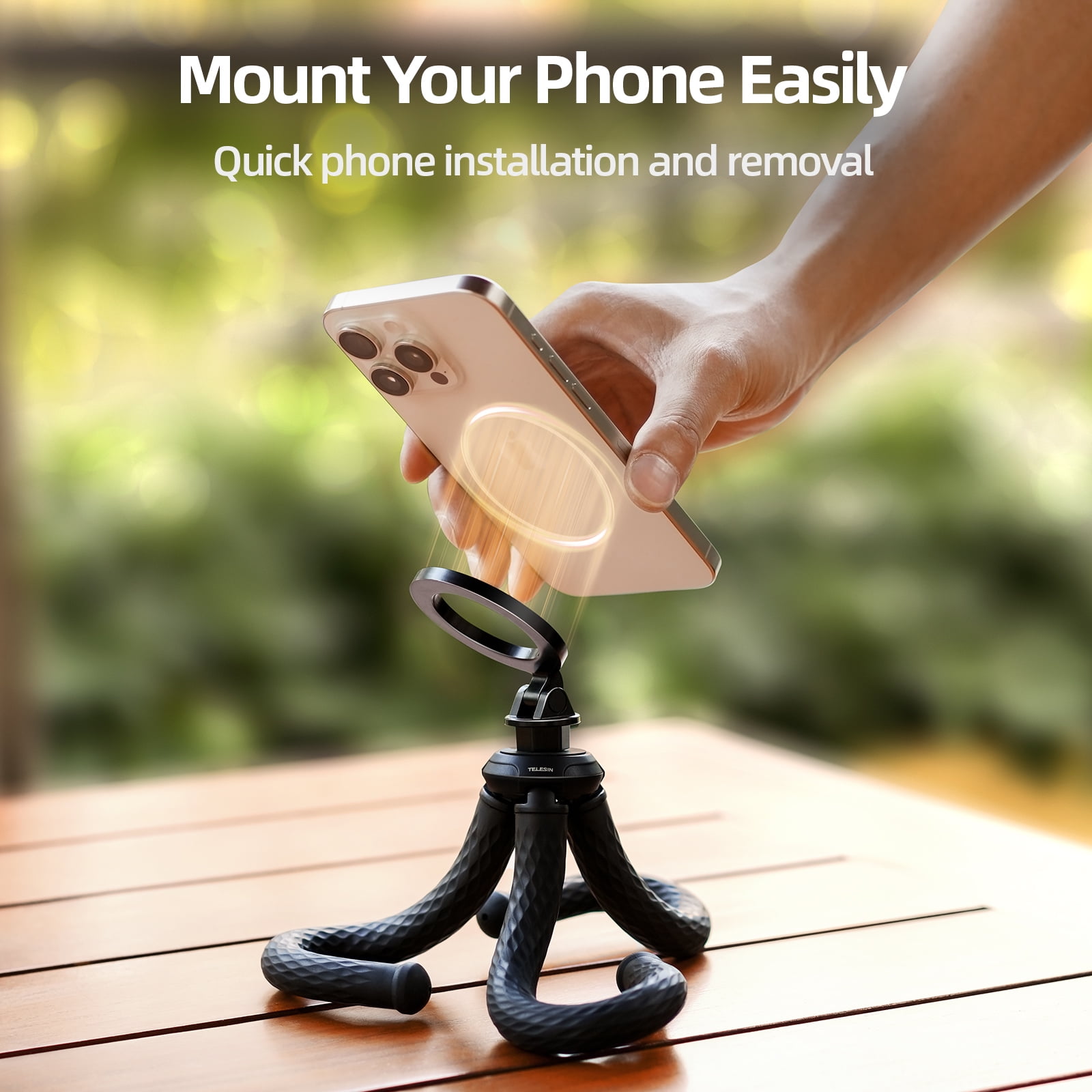 TELESIN Magnetic Flexible Tripod for Smartphone;Mini Bendable Tripod Phone Stand for 2kg Load Capacity Stroller Treadmill Tube Bike Motorcycle Arm Phone Holder Selfie Stick for Video Recording
