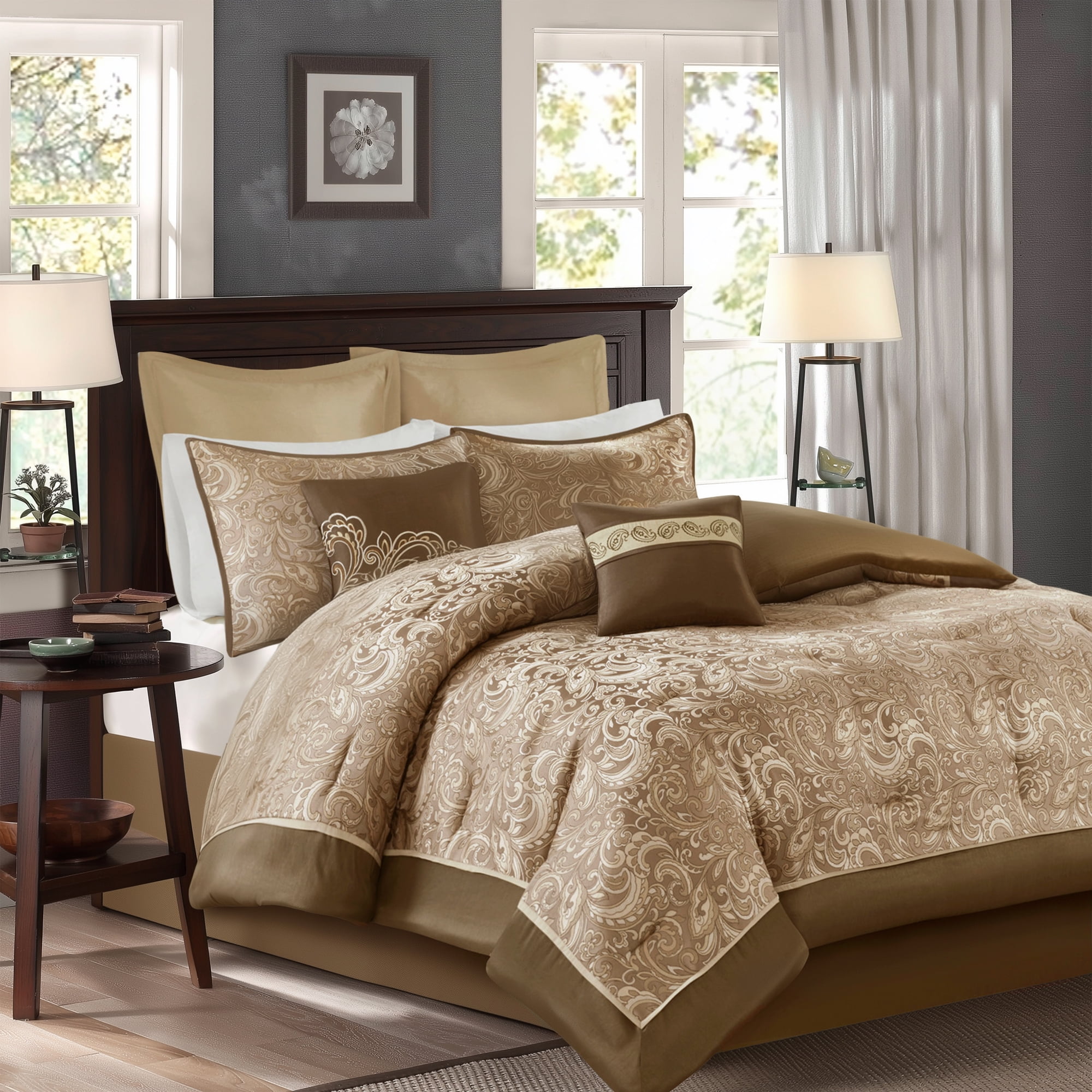Regency Heights 8 Pieces Jacquard Comforter Set with Bedskirt and Decor Pillows, Cal King, Brown