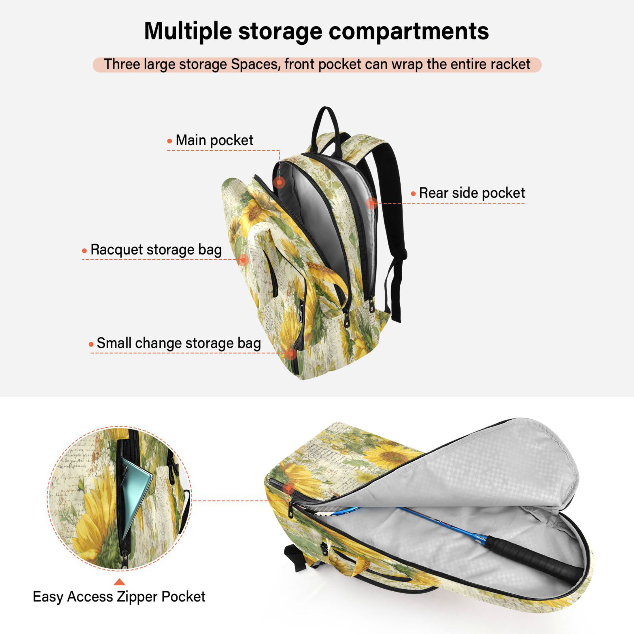 2 Racquet Holder Tennis Backpack Tennis Racket Covers Gym Bags Vintage Faded Sunflowers