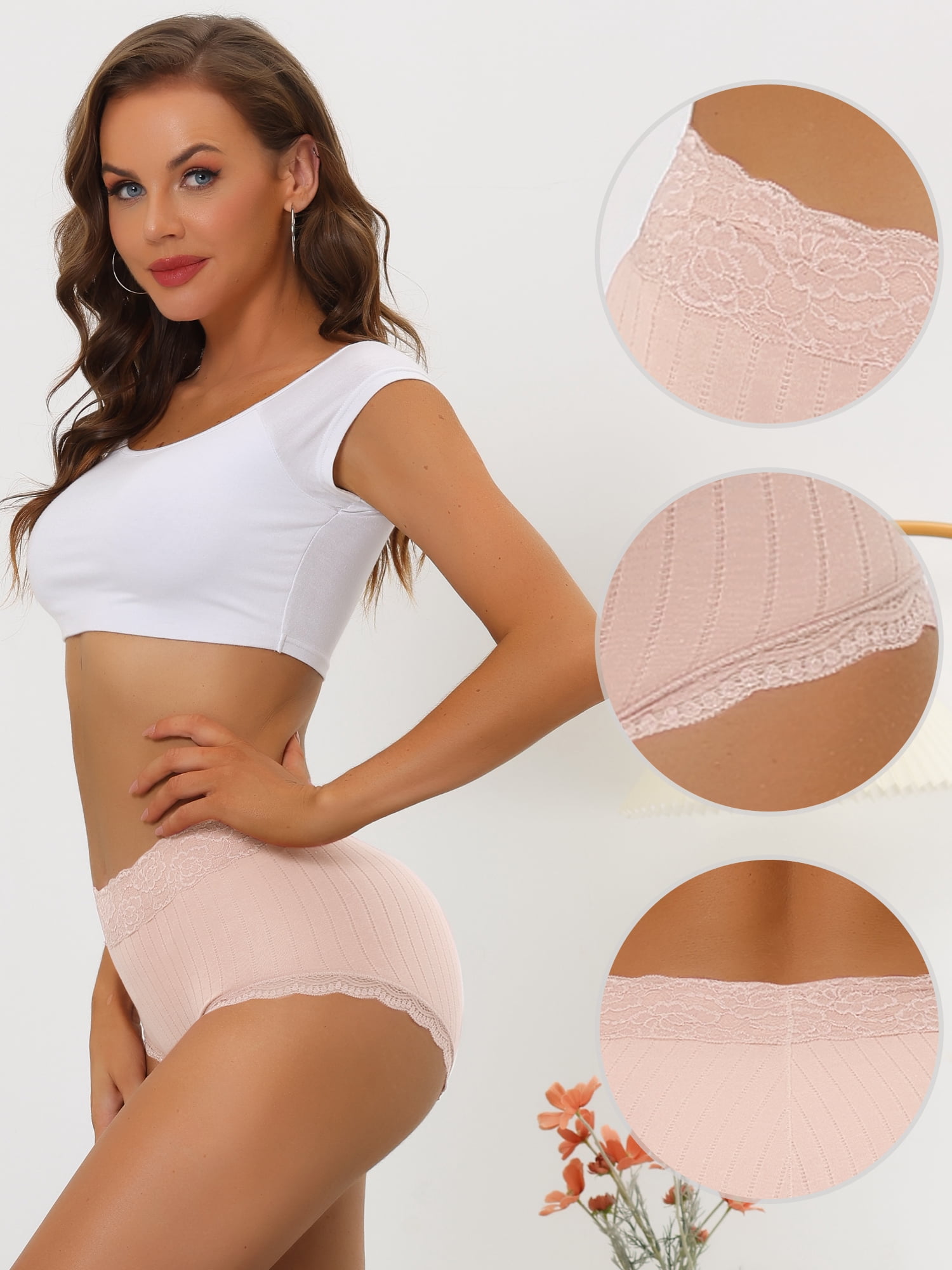 Unique Bargains Women's Tummy Control Lace Trim Ribbed Soft Underwear S Beige Pink