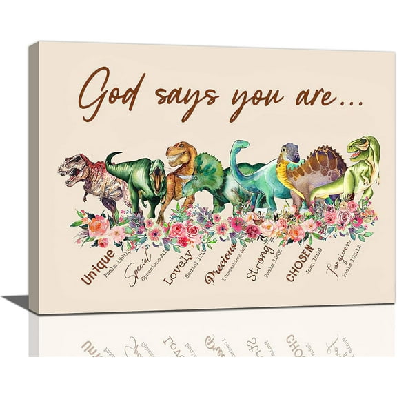 Cute Dinosaur Decor Wall Art for Kids Dinosaur God Says You Are Boy Girl Room Pictures Wall Decor Canvas Painting Prints Artwork Home Decorations Framed for Nursery Bedroom Bathroom School 16"x12"