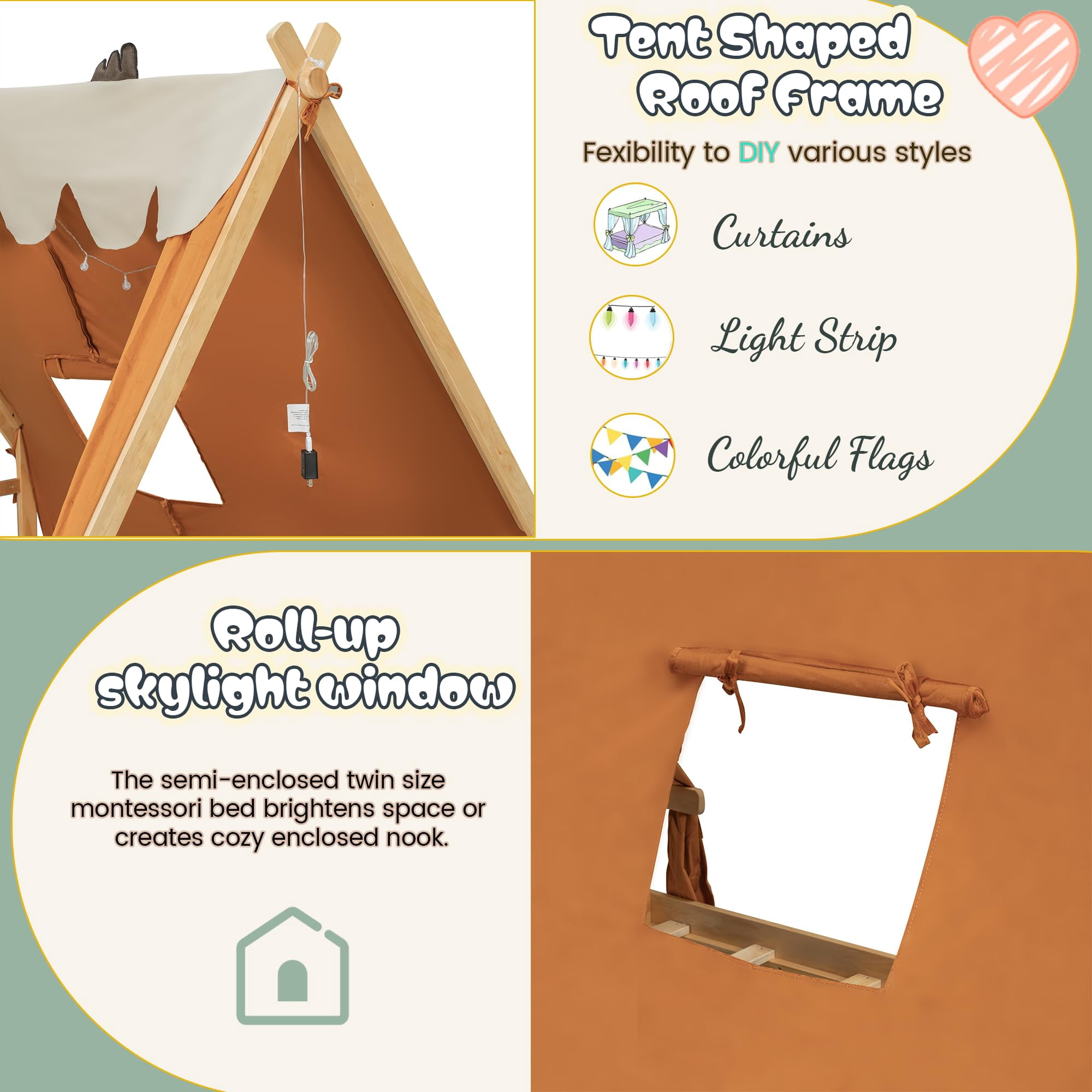 Mirightone Full Floor Bed Frame with Light, Full House Bed with Tent, Floor Bed Full with Slats, Brown + Natural