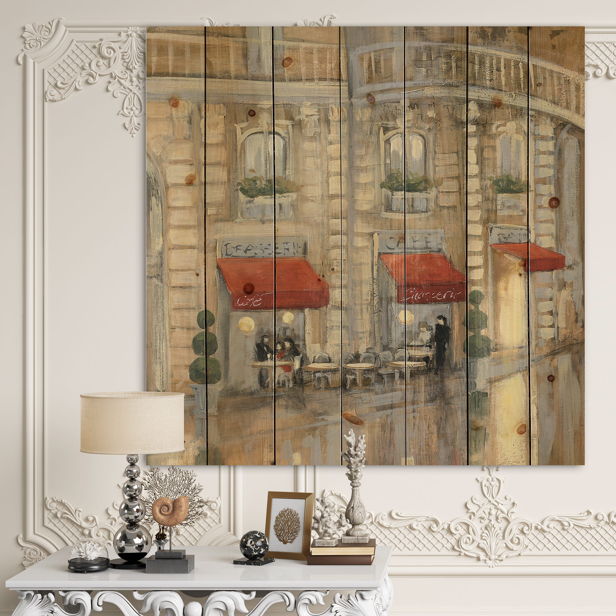 Designart 'Love Couple in Paris II' Romantic French Country Print on Natural Pine Wood