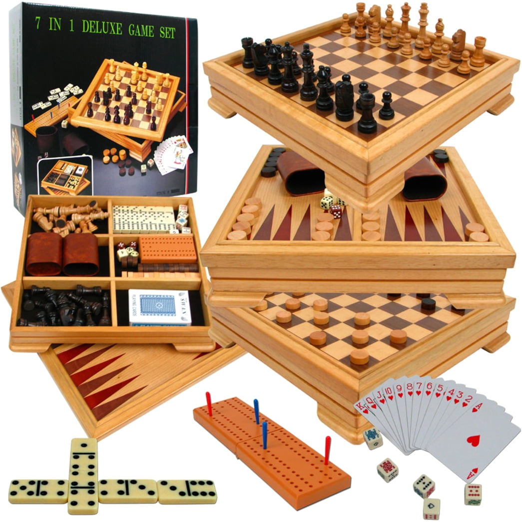 Family FUN 10 Classic GAME Set Wood Board Cabinet Chess Checkers Backgammon Dice