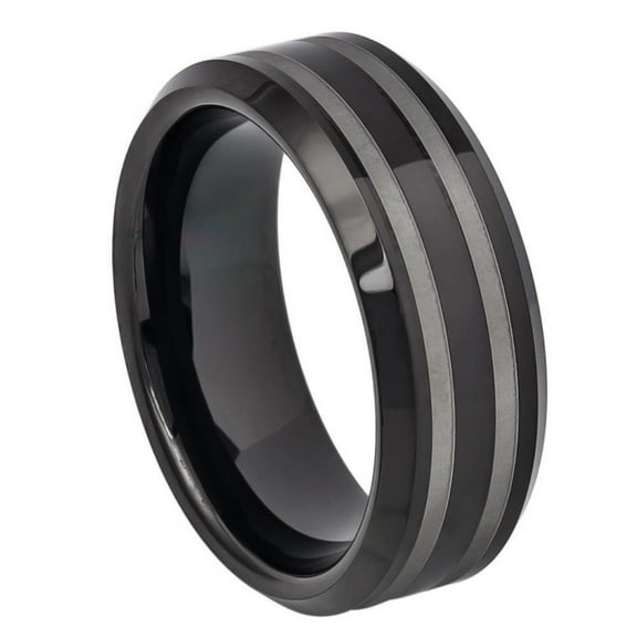 8mm High Polished Black IP Plated Double Line Laser Engraved Beveled Edge Wedding Band Ring For Men Or Ladies