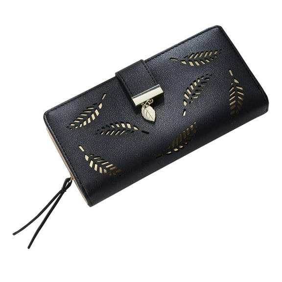 Raindrops Elegant Clutch Wallet with Hollow Leaves Patterns for Women Girls Buckle Closure PU Leather Black