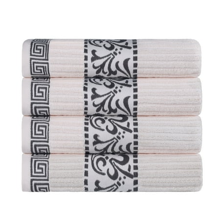 Superior Athens Cotton Greek Scroll Bath Towel Set of 4, Ivory-Gray