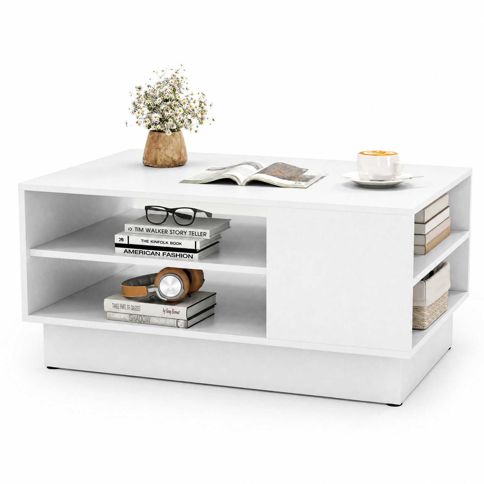 Furnibear Modern 2-Tier Coffee Table with Open Storage Compartments Recessed Base and Non-Slip Foot Pads for Living Room, White