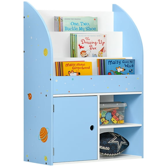 Qaba Toy Storage Organizer w/ Colorful Patterns, Kids Bookshelf, Blue