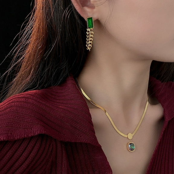 Lordluxury 14k Yellow Gold Square Stone Pendant Necklace for Women Classic Female Golds Color Flat Snake Chain Wedding Jewelry Gift New In