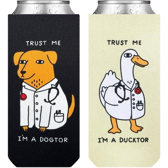 2 Pack Neoprene Slim Can Cooler Sleeves, Creative Ideas for Couples, 12oz Collapsible Insulators Cover for White Claw/Spiked Seltzer(Ducktor&Dogtor))