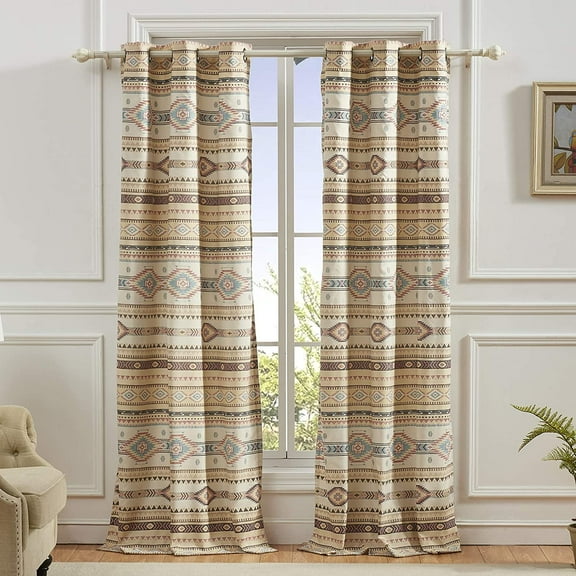 Barefoot Bungalow Phoenix Southwestern Boho Grommet-Top Curtain Panels, Set of 2, Tan