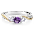 thumbnail image 3 of Gem Stone King 925 Silver and 10K Yellow Gold Purple Amethyst White Created Sapphire and White Lab Grown Diamond 3 Stone Engagement Ring for Women (0.54 Cttw, February Birthstone, Size 9), 3 of 6