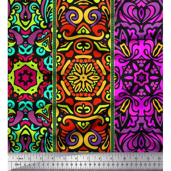 Soimoi Poly Georgette Fabric Stripe & Mandala Kaleidoscope Print Fabric by the Yard 52 Inch Wide