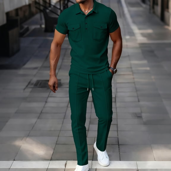 Xdegoge 2 Piece Sets for Men Summer Collar Short Sleeve Matching Set Track Suits Tops and Joggers Pants Drawstring Casual Athletic Vacation Beach Clothes