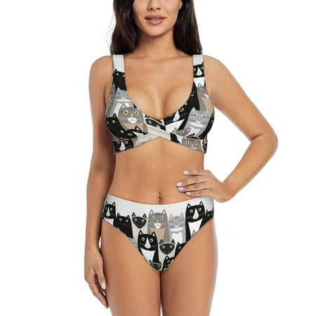 Zeuib Colors Cats High Waisted Tummy Control Bikini Set - Knot Front Push Up Top & Cheeky Thong Bottom  Two-Piece Swimsuit for Women-XX-Large