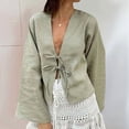 thumbnail image 6 of Tie Front Tops for Women Y2K Linen Shirts Flare Sleeve V Neck Going Out Clothes Casual Lace Up Blouses Green L, 6 of 7