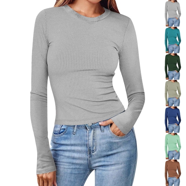 NJDVHB Chemisiers d'Hiver pour Femmes, Hauts Tendance pour Femmes, Chandail pour Femmes, Blouse Unie à Manches Longues à Col Rond Décontractée pour Femmes, Vert, TTG