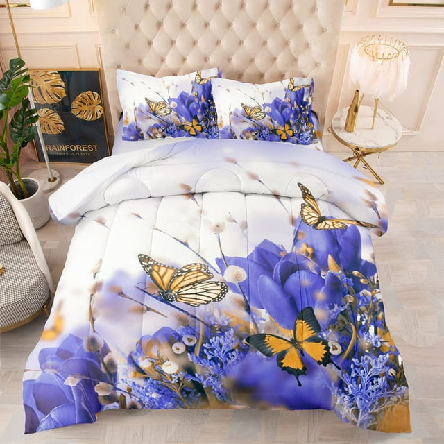 Butterflies Comforter Set Purple Tulips with Mimosa Down Comforter Spring Flowers Bedding Set with 1 Pillow Case,Abstract Full Size